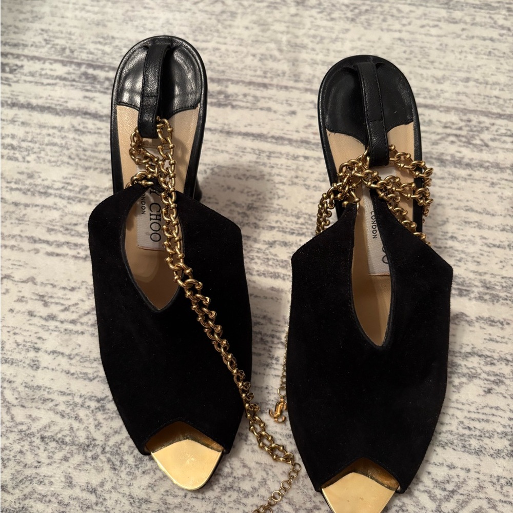 Jimmy Choo Chic Black and Gold Women's Shoes with ankle chain